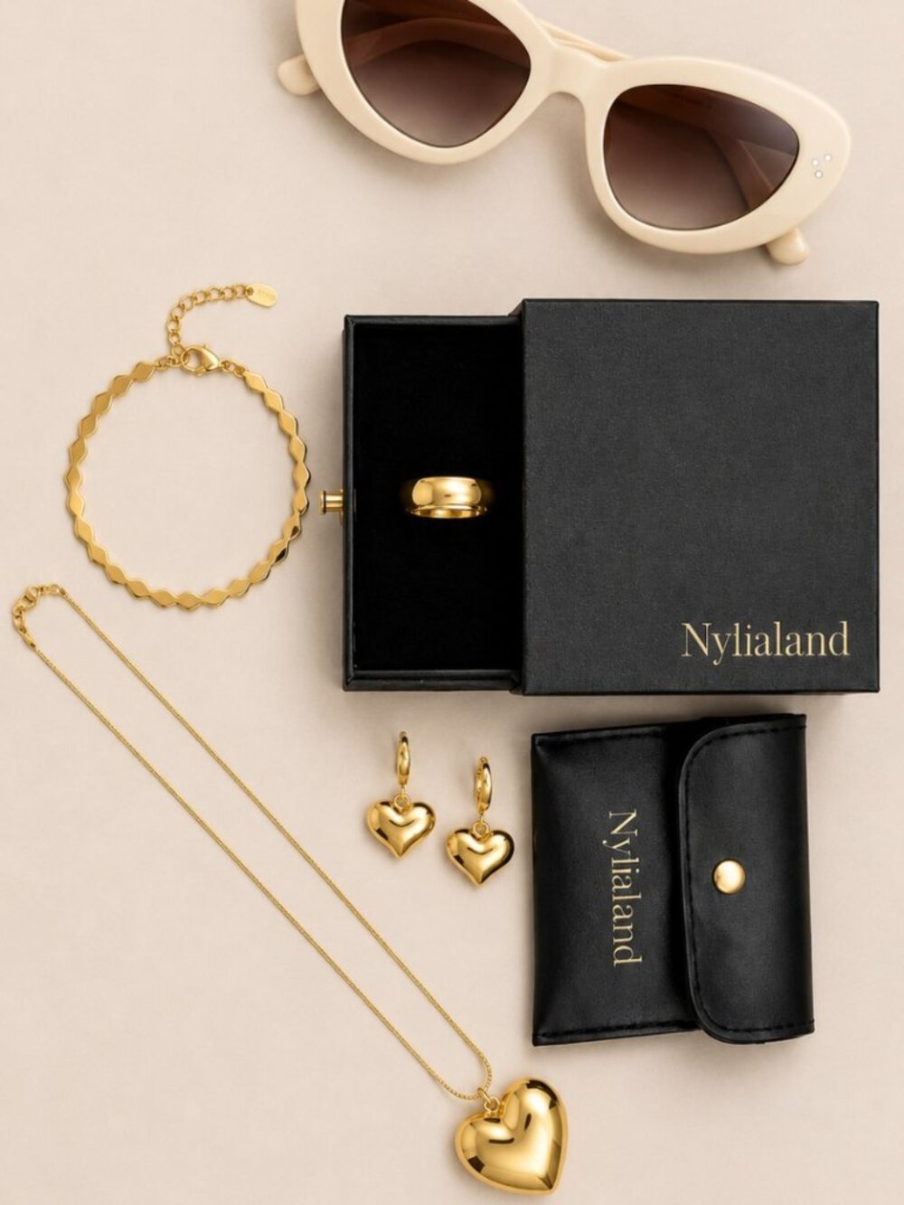 Nylialand Gold Heart Jewelry Set & Cream Cat-Eye Sunglasses Bundle